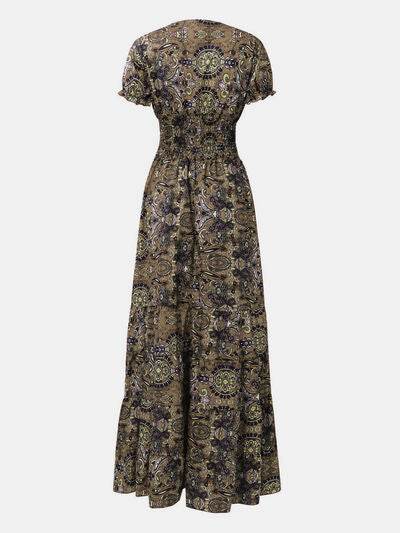 Full Size Smocked Printed V-Neck Short Sleeve Dress - Hovatok