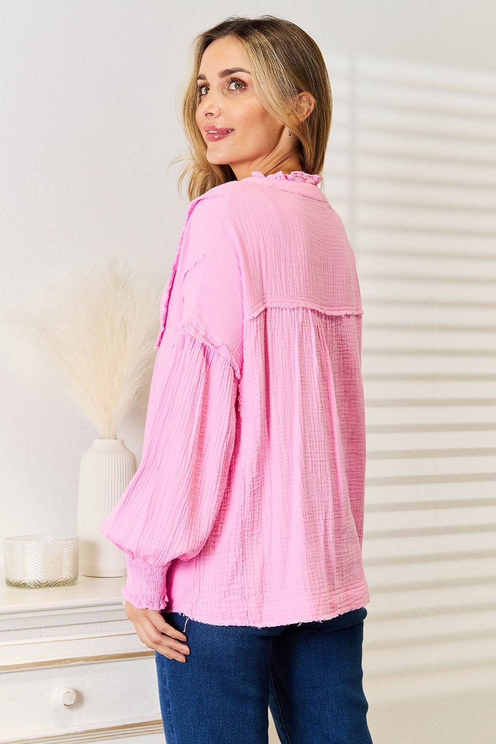 Double Take Exposed Seam Buttoned Notched Neck Blouse - Hovatok