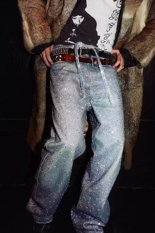 Men's Washed Rhinestone Jeans with Rhinestone Belt - Hovatok