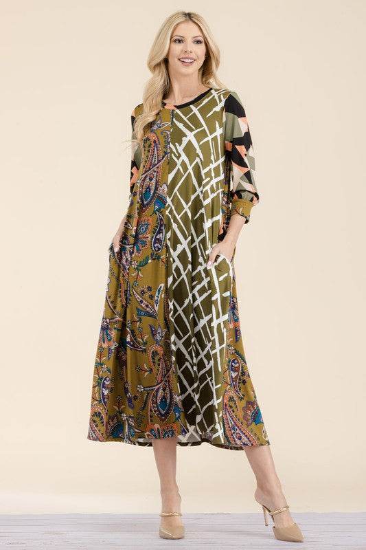 Celeste Full Size Paisley Contrast Tent Midi Dress Plus Size - Hovatok