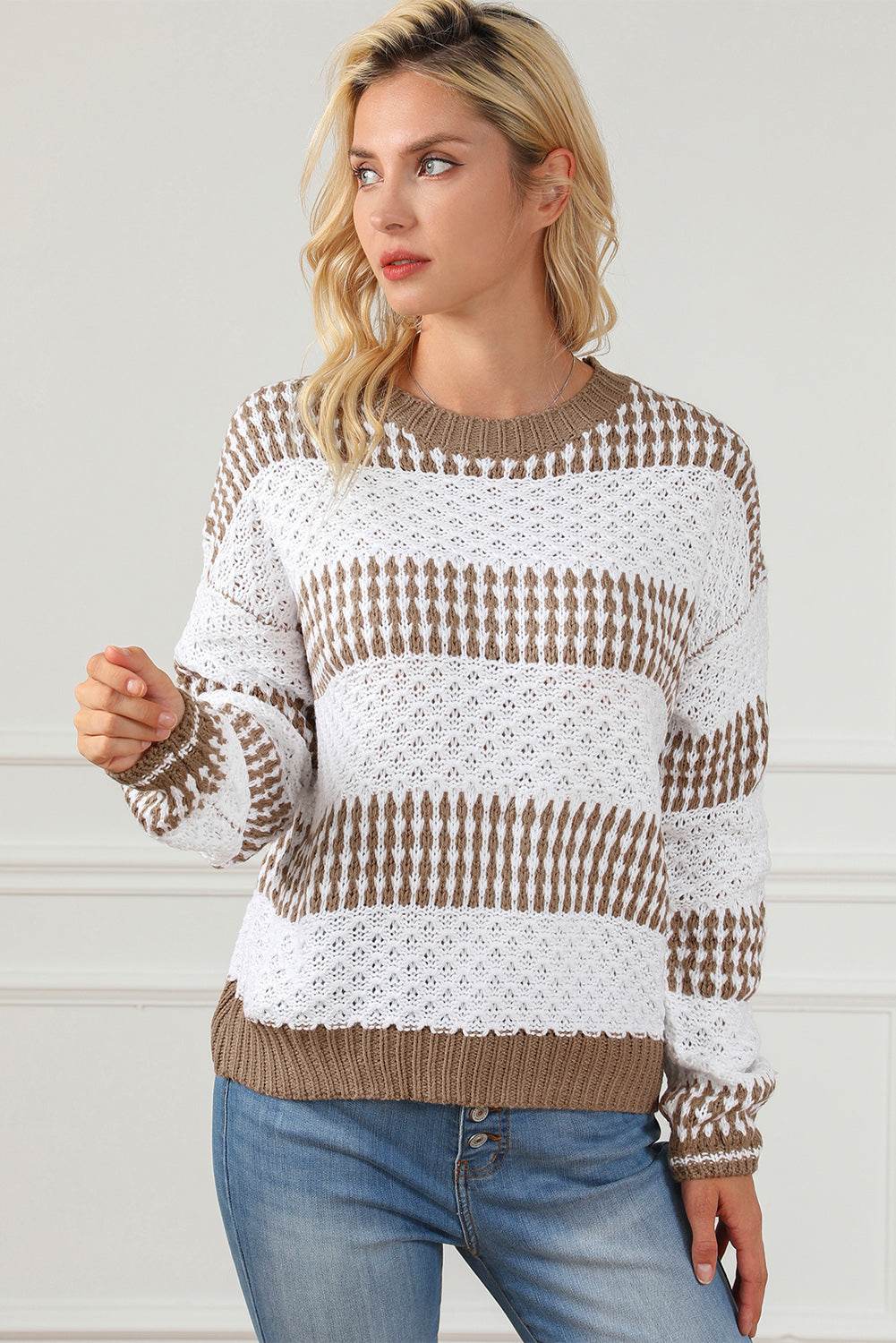 Striped Round Neck Long Sleeve Knit Top - Hovatok