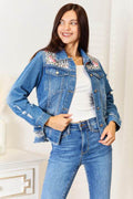 Baeful Leopard Floral Distressed Raw Hem Denim Jacket - Hovatok