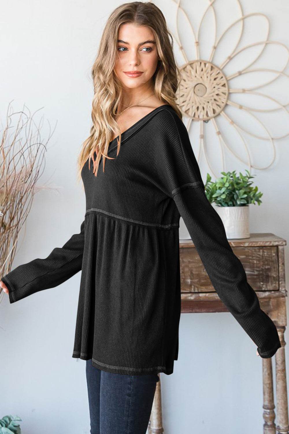 Heimish Full Size V-Neck Long Sleeve Ribbed Babydoll Top - Hovatok