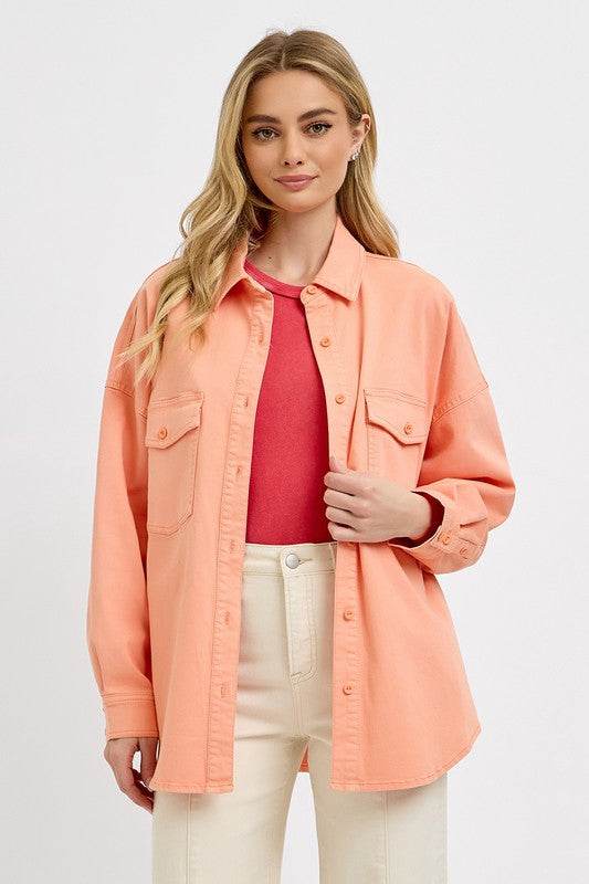 RISEN Full Size Button Down Long Sleeve Denim Shacket with Chest Pockets Plus Size - Hovatok