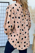 Contrast Animal Print V-Neck Long Sleeve Blouse - Hovatok