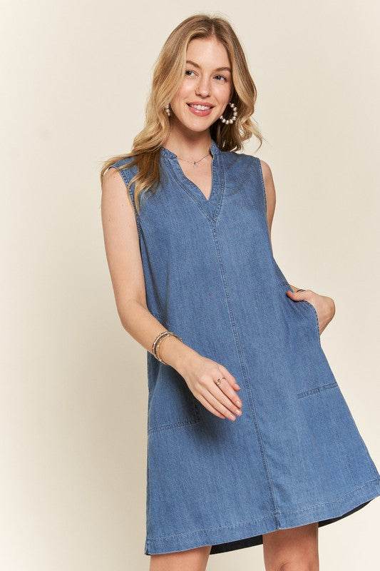 ADORA Notched Sleeveless Denim Dress with Pockets - Hovatok