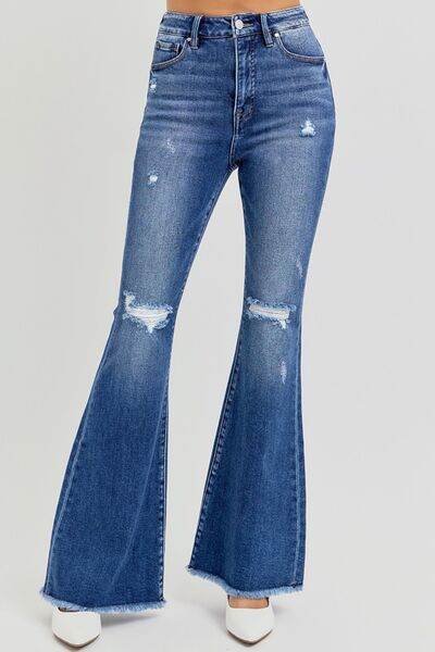 RISEN Full Size High Rise Distressed Raw Hem Flare Jeans - Hovatok