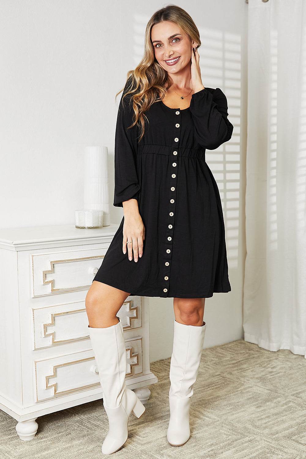 Double Take Scoop Neck Empire Waist Long Sleeve Magic Dress - Hovatok