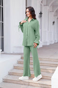 Drawstring Flounce Sleeve Shirt and Pants Set - Hovatok