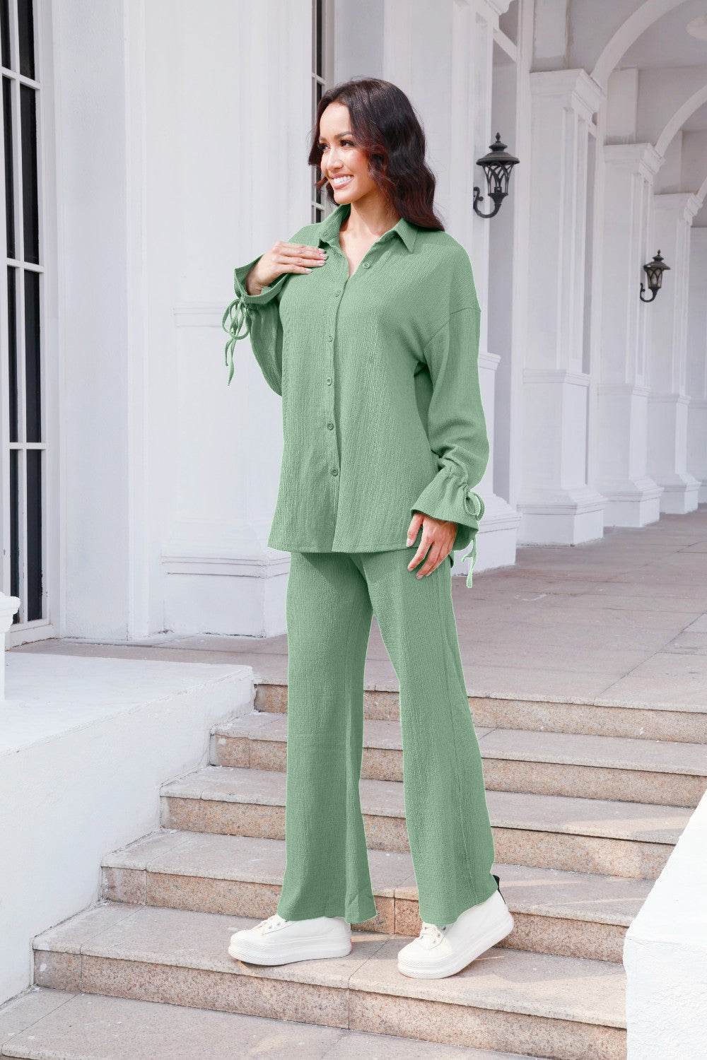 Drawstring Flounce Sleeve Shirt and Pants Set - Hovatok
