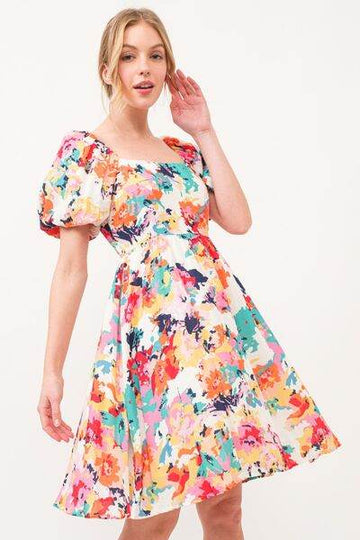 And The Why Square Neck Puff Sleeve Floral Dress - Hovatok