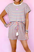 Striped Round Neck Top and Shorts Set - Hovatok