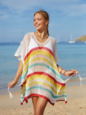 Angel Wings Cutout Striped Cover-Up with Tassel - Hovatok