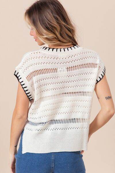 BiBi Stitch Edge Pointelle Side Slit Sweater Vest - Hovatok