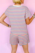 Striped Round Neck Top and Shorts Set - Hovatok