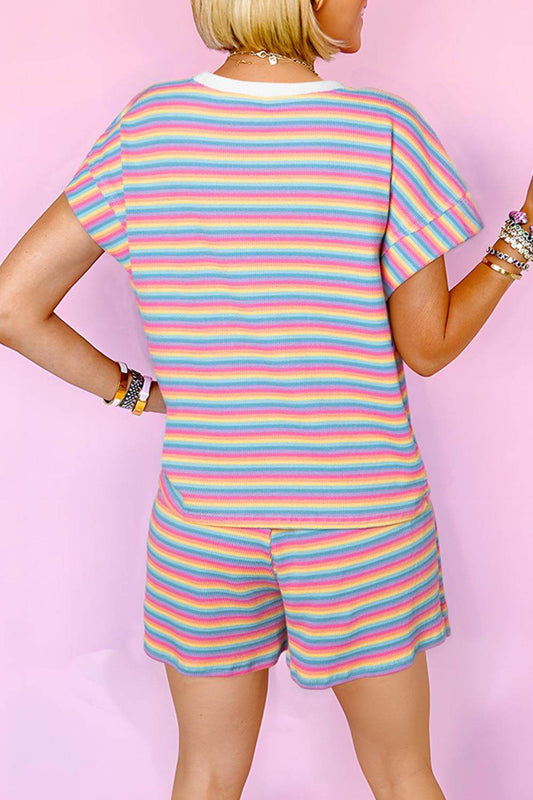 Striped Round Neck Top and Shorts Set - Hovatok