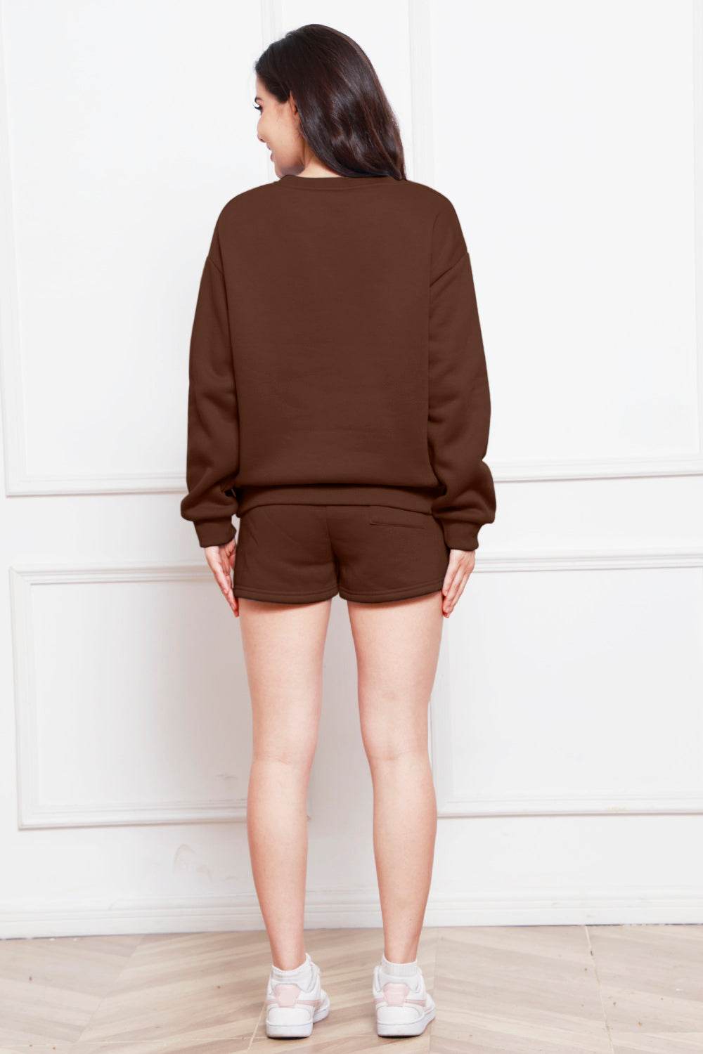 Round Neck Long Sleeve Sweatshirt and Drawstring Shorts Set - Hovatok