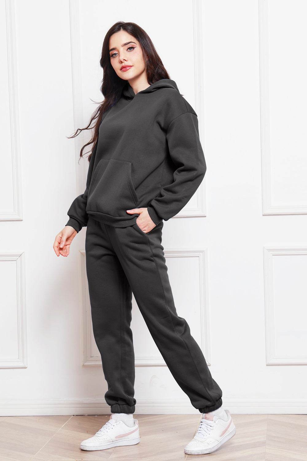 Drop Shoulder Long Sleeve Hoodie and Pants Set - Hovatok