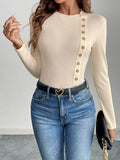 Perfee Decorative Button Round Neck Long Sleeve Bodysuit - Hovatok