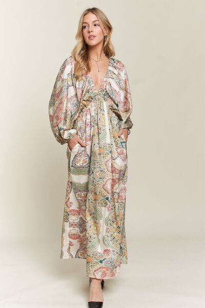 ADORA Printed V-Neck Batwing Sleeve Dress - Hovatok