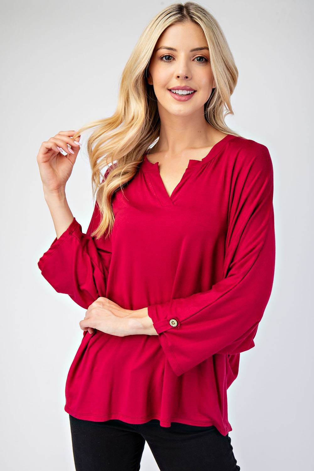 Celeste Full Size Notched Three-Quarter Sleeve Blouse - Hovatok
