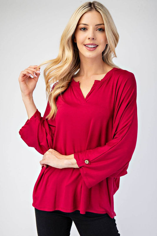 Celeste Full Size Notched Three-Quarter Sleeve Blouse - Hovatok