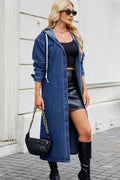 Button Up Long Sleeve Longline Hooded Denim Outerwear - Hovatok
