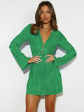 Tied Plunge Flare Sleeve Mini Dress - Hovatok