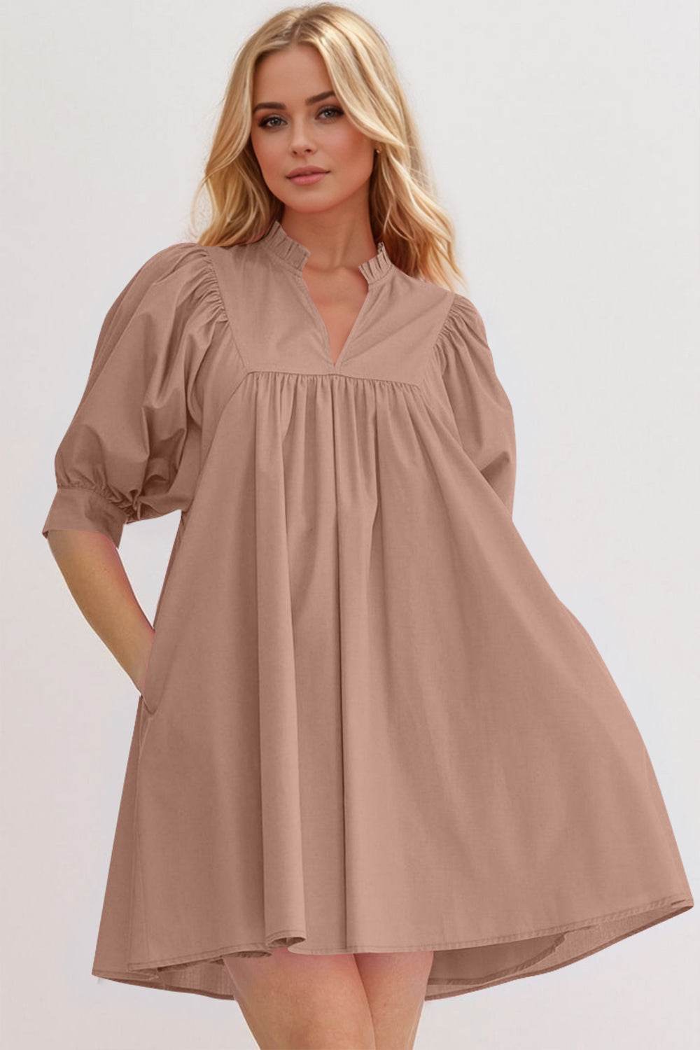 Oh Frill Notched Puff Sleeve Babydoll Mini Dress - Hovatok