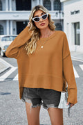 High-Low Slit Round Neck Long Sleeve Sweater - Hovatok