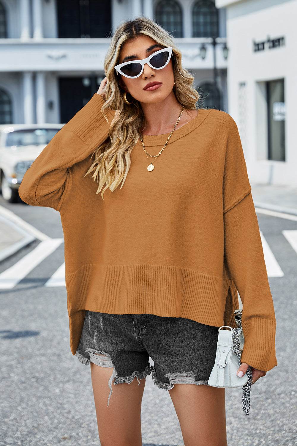 High-Low Slit Round Neck Long Sleeve Sweater - Hovatok