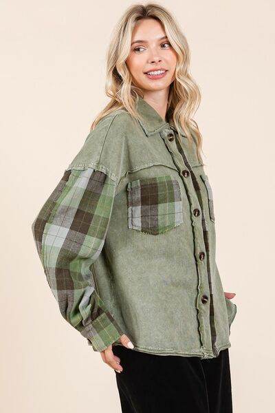 Mittoshop Button Down Contrast Plaid Patchwork Shacket - Hovatok