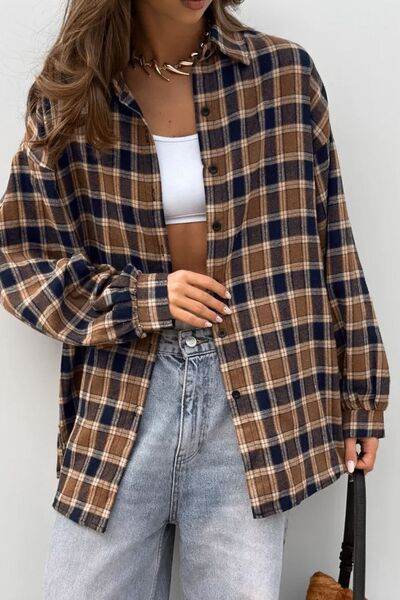 Plaid Button Up Drop Shoulder Shacket - Hovatok