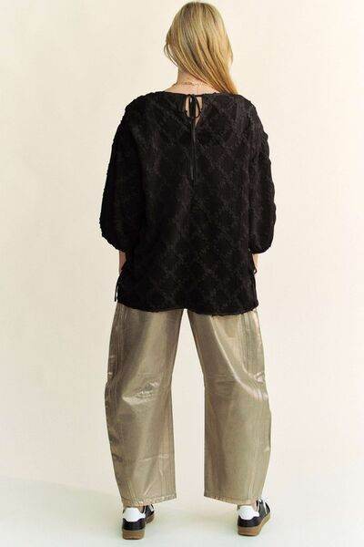 Davi & Dani Tied Round Neck Mesh Blouse - Hovatok