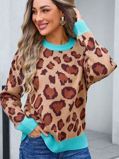 Angel Wings Leopard Round Neck Long Sleeve Sweater - Hovatok