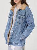 Button Up Collared Neck Plush Denim Jacket - Hovatok
