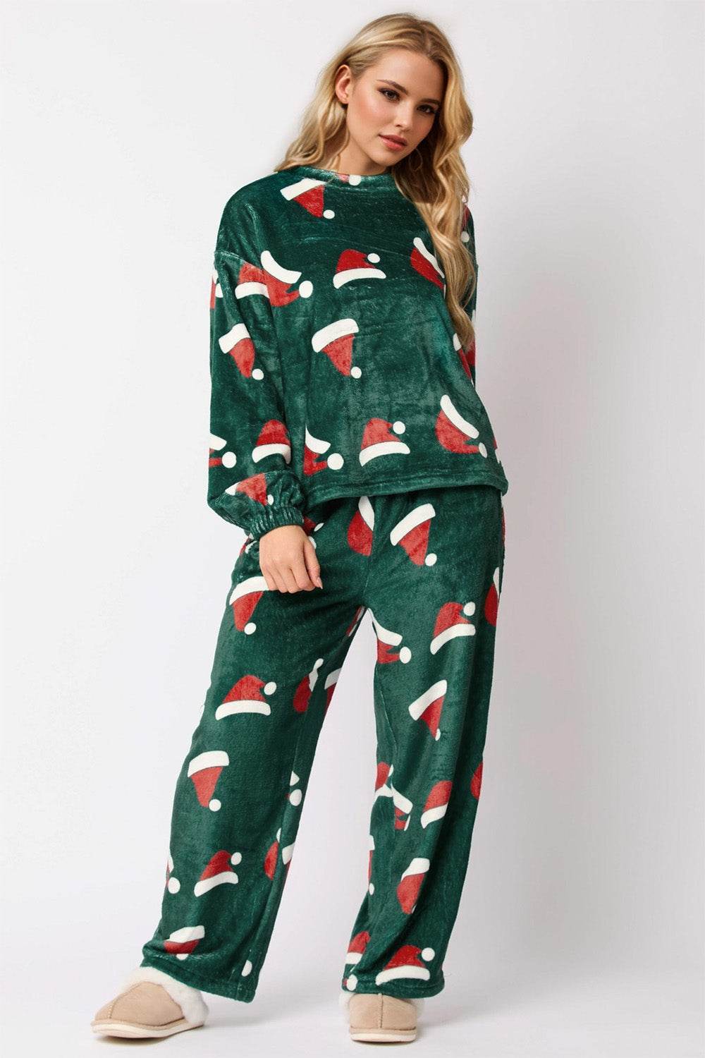 Christmas Hat Pattern Round Neck Long Sleeve Top and Pants Set - Hovatok