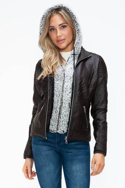YMI Faux Layered Double-Zipper Jacket with Fuzzy Hood - Hovatok