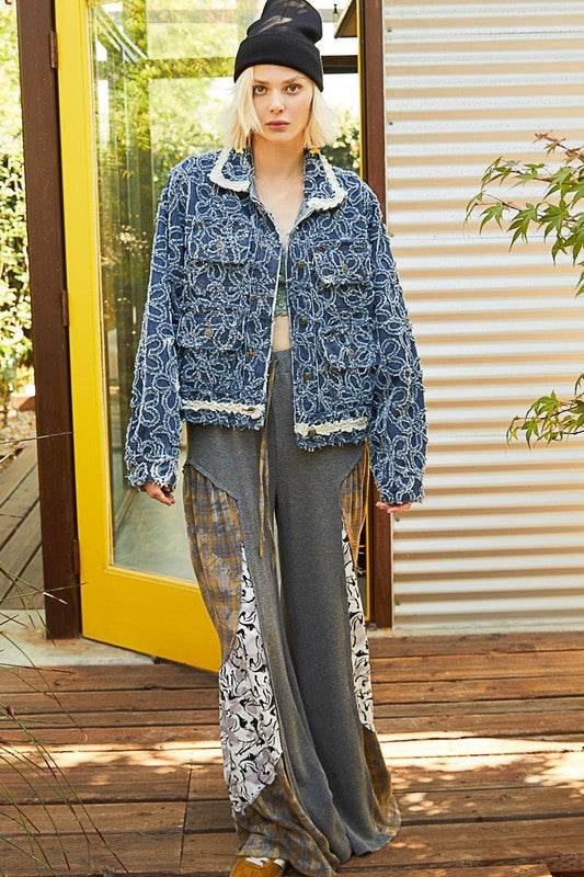 POL Flower Textured Raw Hem Long Sleeve Denim Jacket - Hovatok
