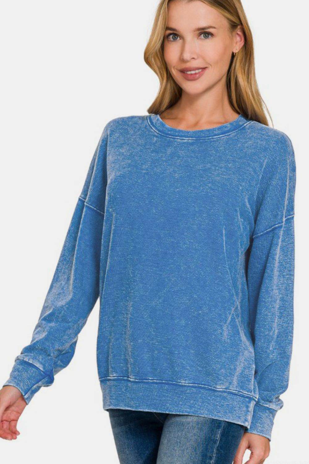 Zenana Washed Round Neck Dropped Shoulder Sweatshirt - Hovatok