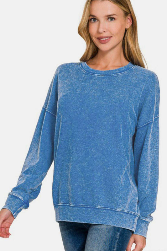 Zenana Washed Round Neck Dropped Shoulder Sweatshirt - Hovatok