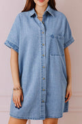 Button Down Short Sleeve Denim Dress - Hovatok