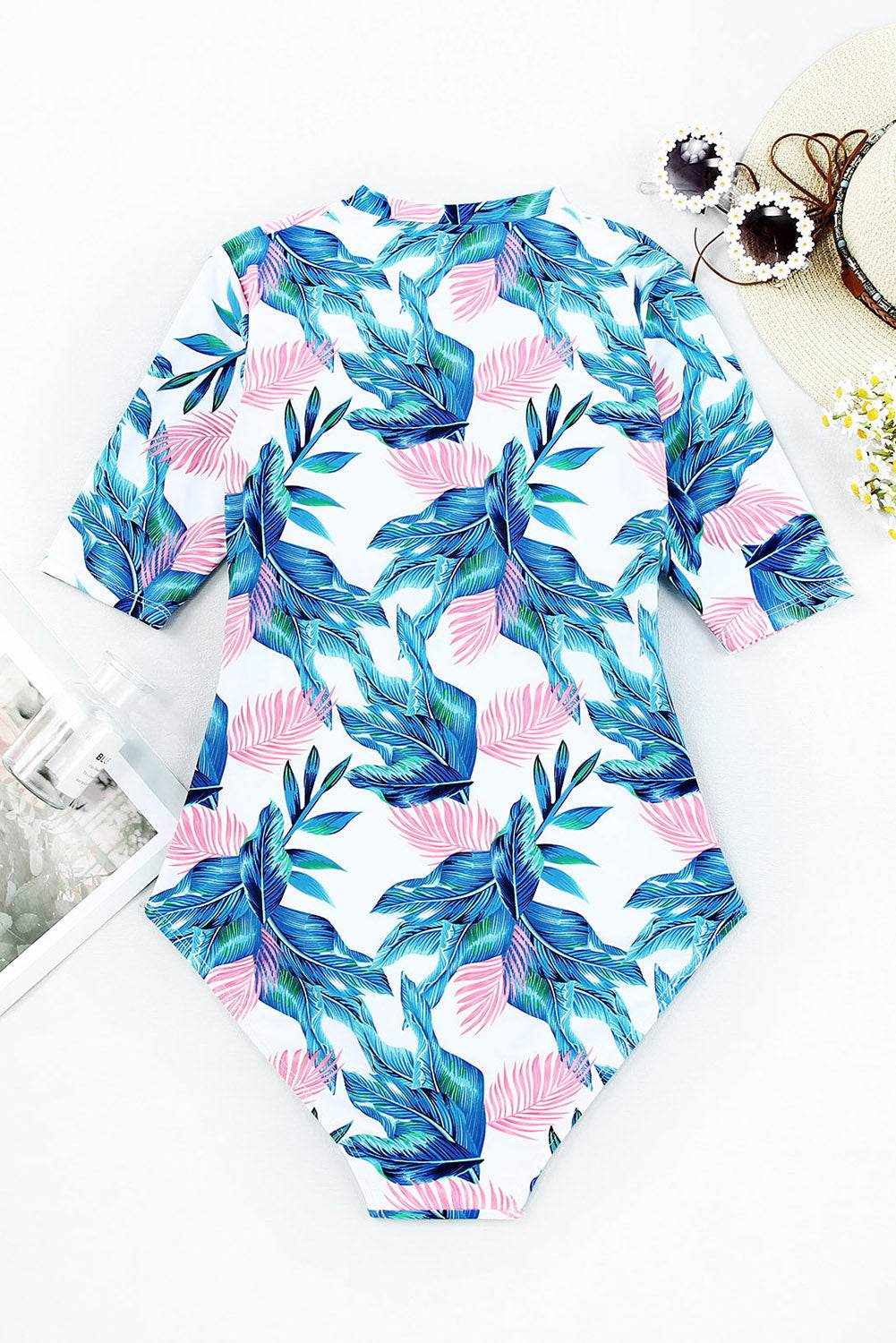 Printed Notched Half Sleeve One-Piece Swimwear - Hovatok