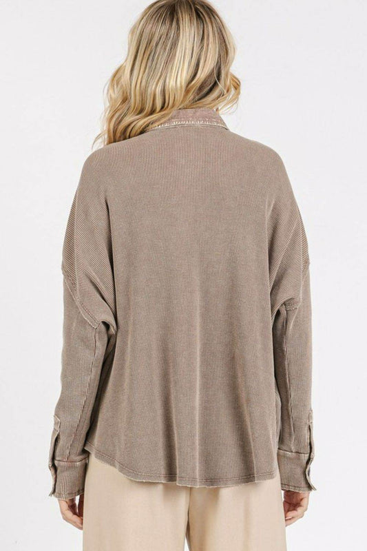 Mittoshop Mineral Wash Waffle Knit Collared Neck Henley Top - Hovatok