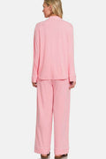 Zenana Button Down Long Sleeve Top and Pants Lounge Set - Hovatok