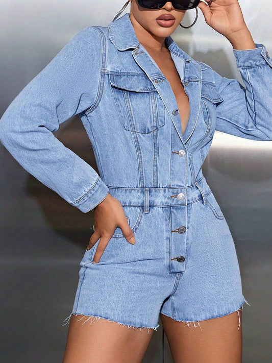 Buttoned Collared Neck Long Sleeve Denim Romper - Hovatok