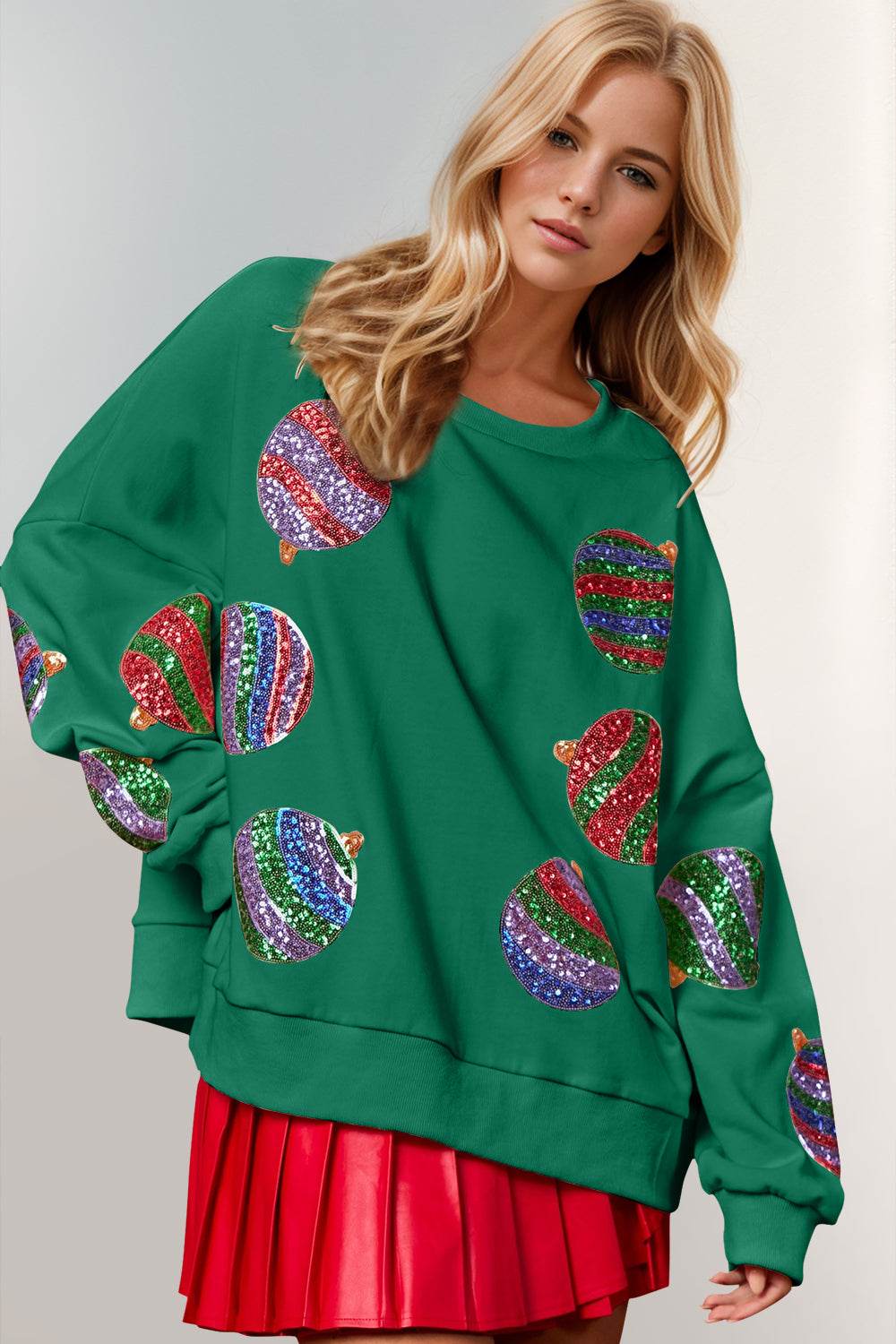 Double Take Christmas Element Sequin Round Neck Long Sleeve Sweatshirt - Hovatok
