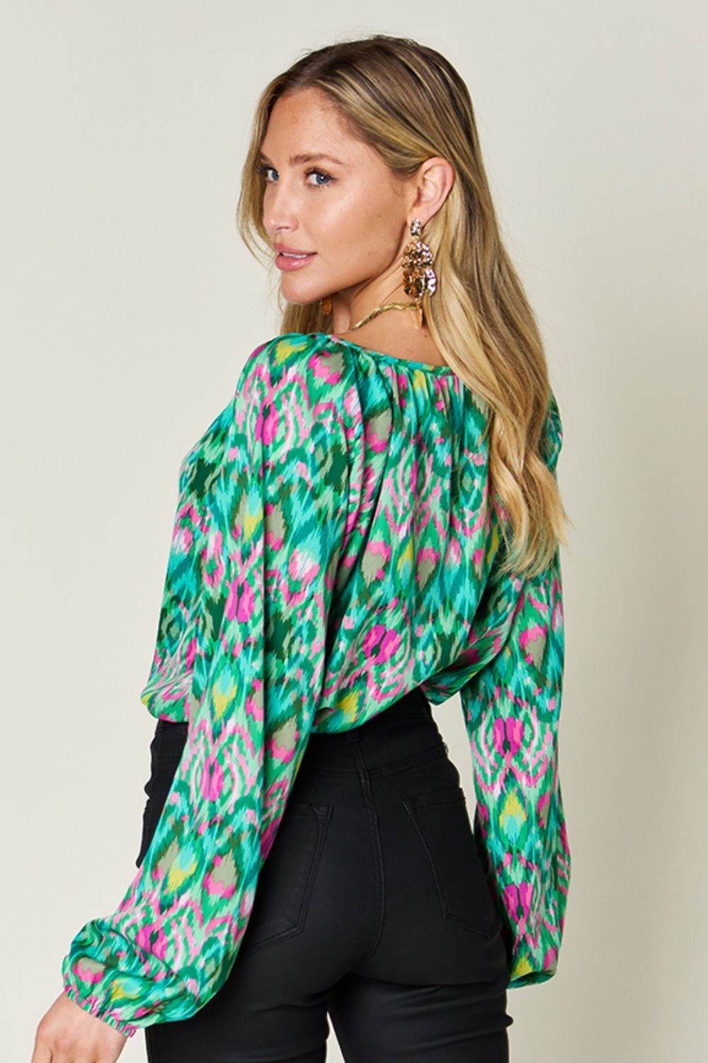 Double Take Full Size Printed Balloon Sleeve Blouse - Hovatok