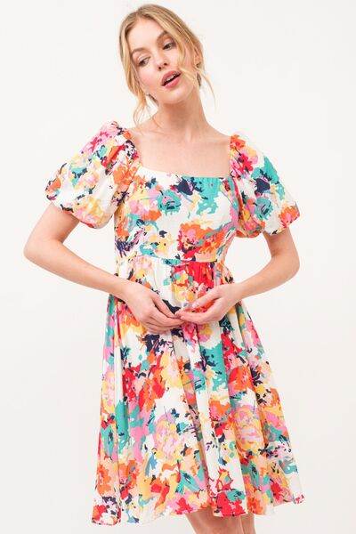 And The Why Square Neck Puff Sleeve Floral Dress - Hovatok