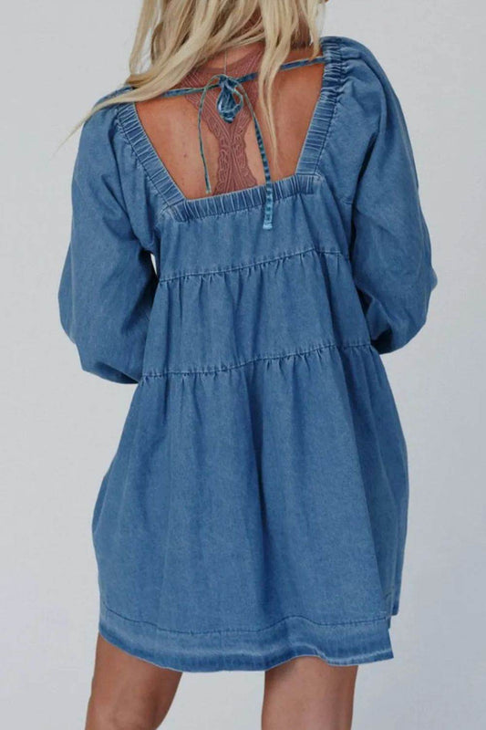 Tied Square Neck Long Sleeve Denim Dress with Pockets - Hovatok